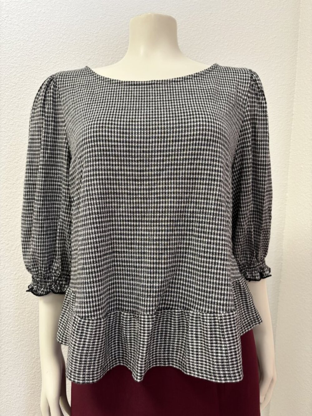 W5 Medium Gingham Peplum Blouse Black White Puff Sleeve Cottagecore Top